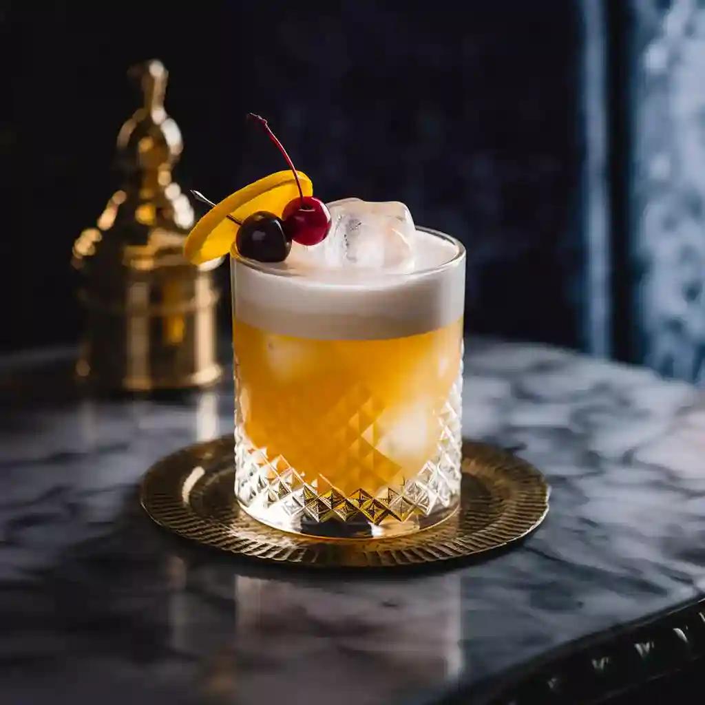 Yellow, foamy Amaretto Sour in a rocks glass filled with ice, garnished with an orange slice and cherries.