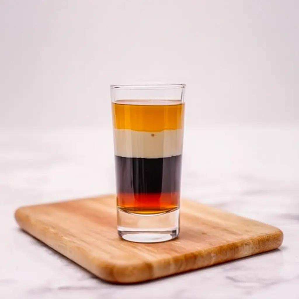 Layered B-52 shot with dark coffee liqueur, irish cream liqueur, and orange liqueur, on a wooden board