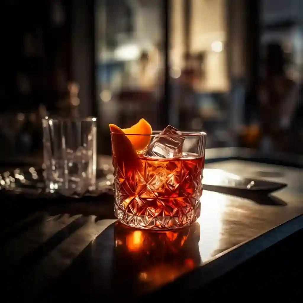 classic negroni cocktail in tumbler with large ice cubes and an orange peel garnish, on a bar top