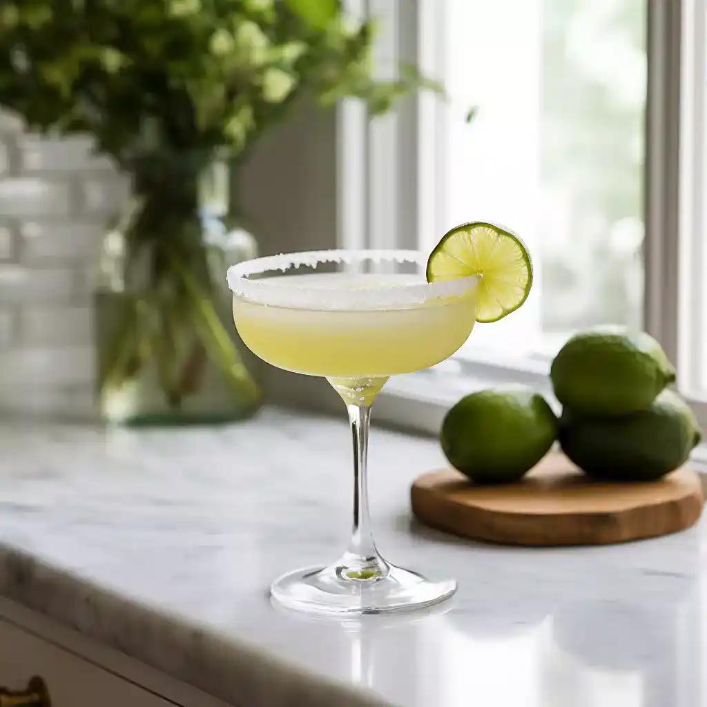 Coronarita cocktail in a margarita glass, with a lime wheel garnish