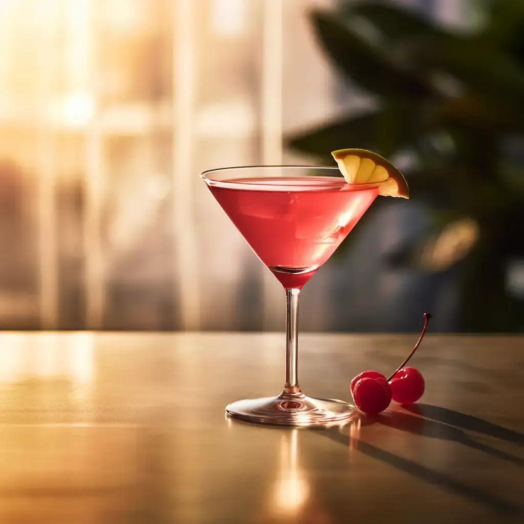 Classic cosmopolitan cocktail in sunlight with orange twist garnish