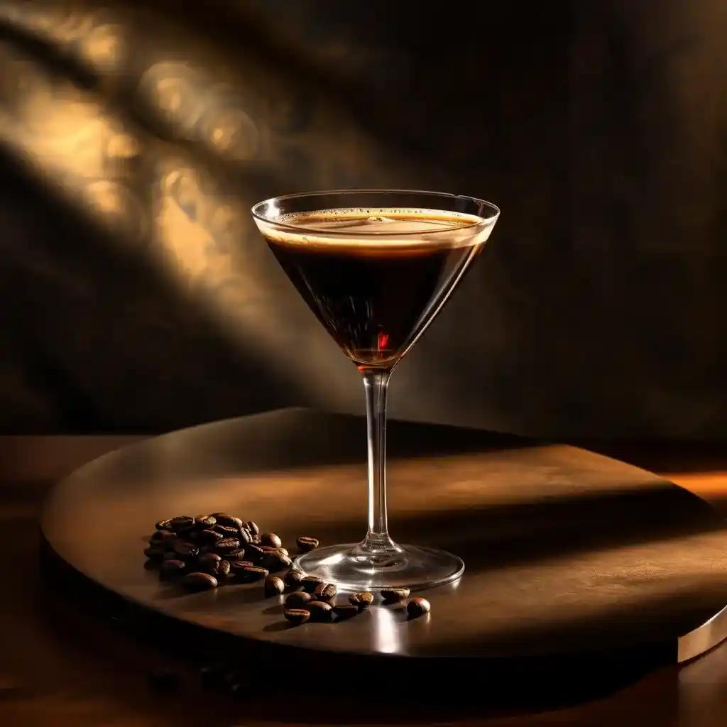 Classy, frothy espresso martini cocktail with coffee beans on table with soft sunlight