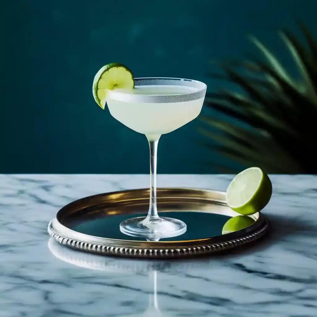 Lime-green Gimlet cocktail in a cocktail glass with a lime wheel garnish, on a marble counter