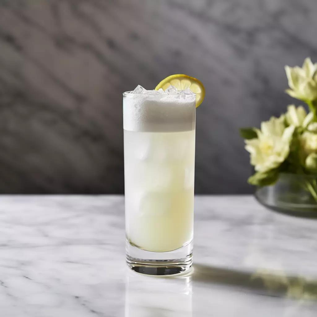 Foamy, fizzy Gin Fizz in a tall glass filled with ice, and a lemon garnish.