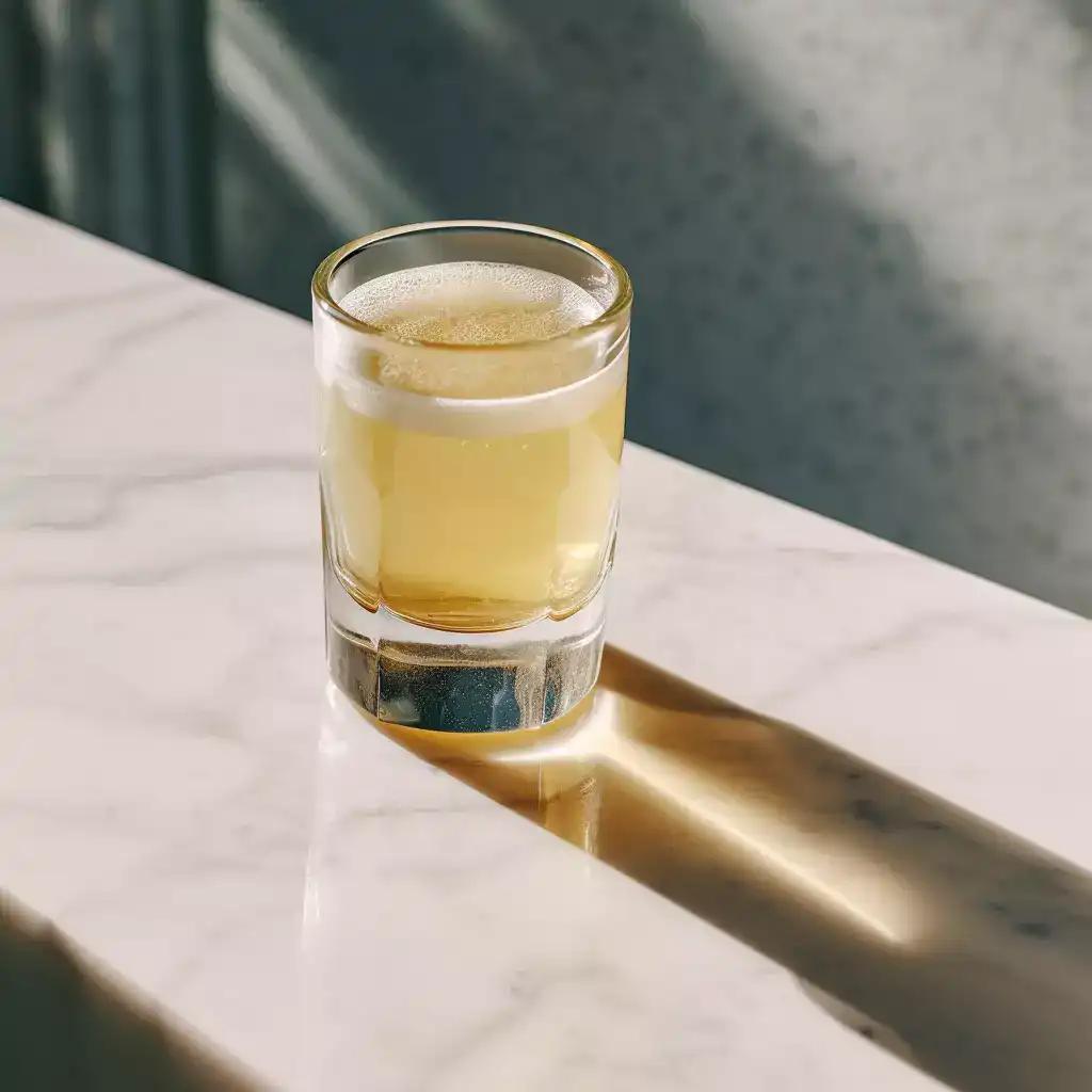 Fizzy, light-yellow green tea shot in a shot glass, on a marble kitchen counter.