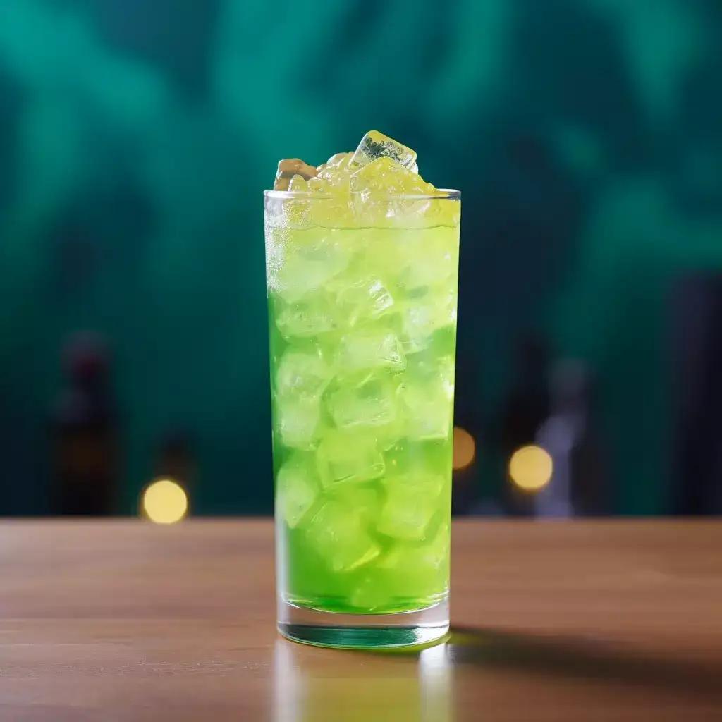 Green-yellow hand grenade cocktail in tall glass with ice, in a bar