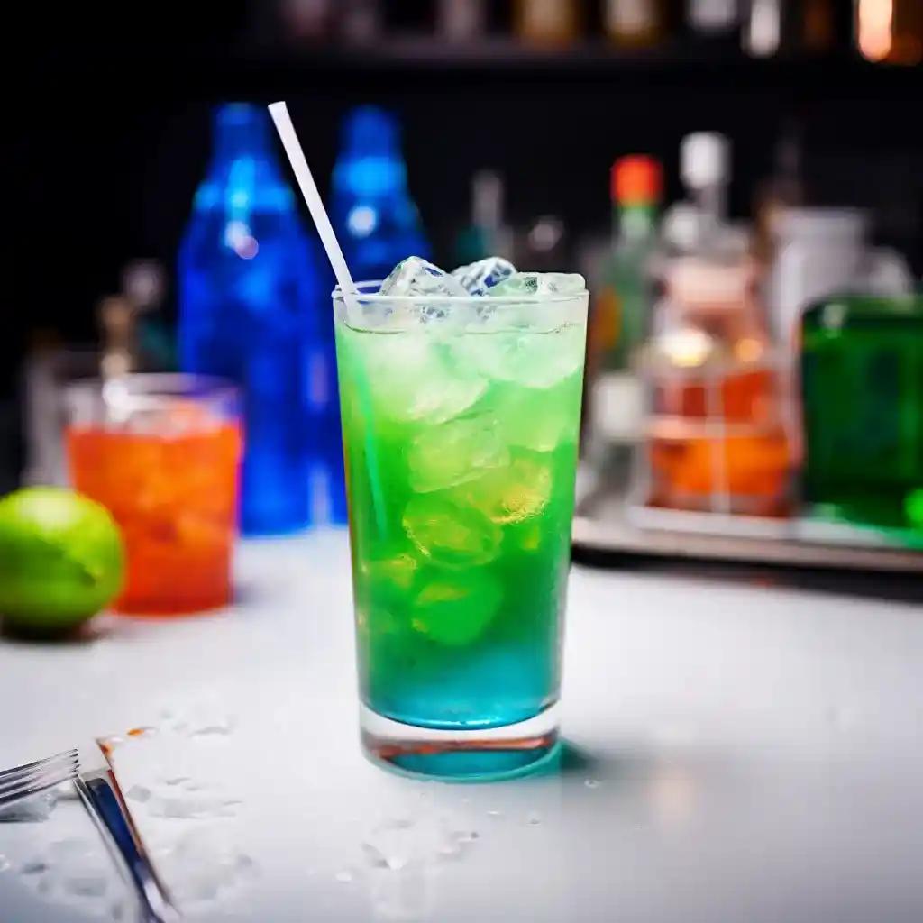 irish trash can cocktail with blue-green gradient, in a pint glass filled with ice