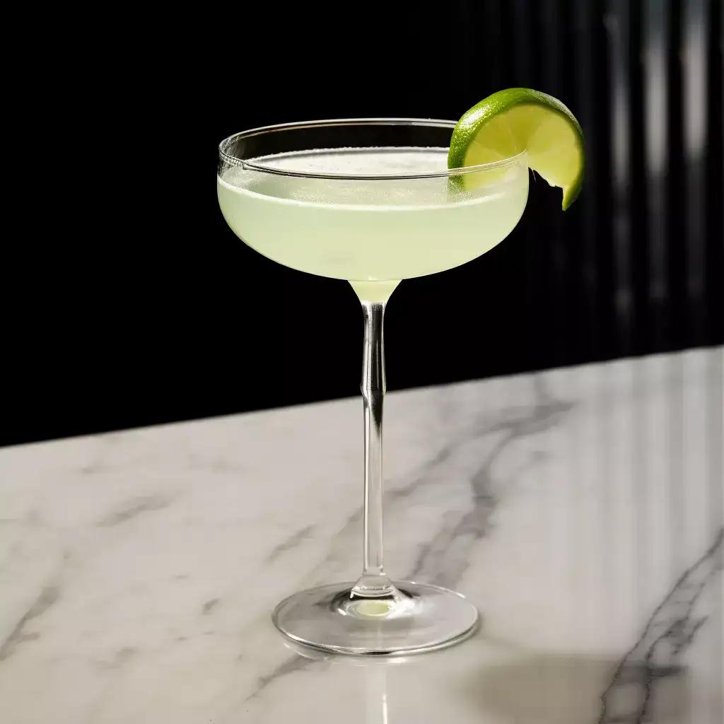 Last word cocktail in a cocktail glass with a lime wedge garnish