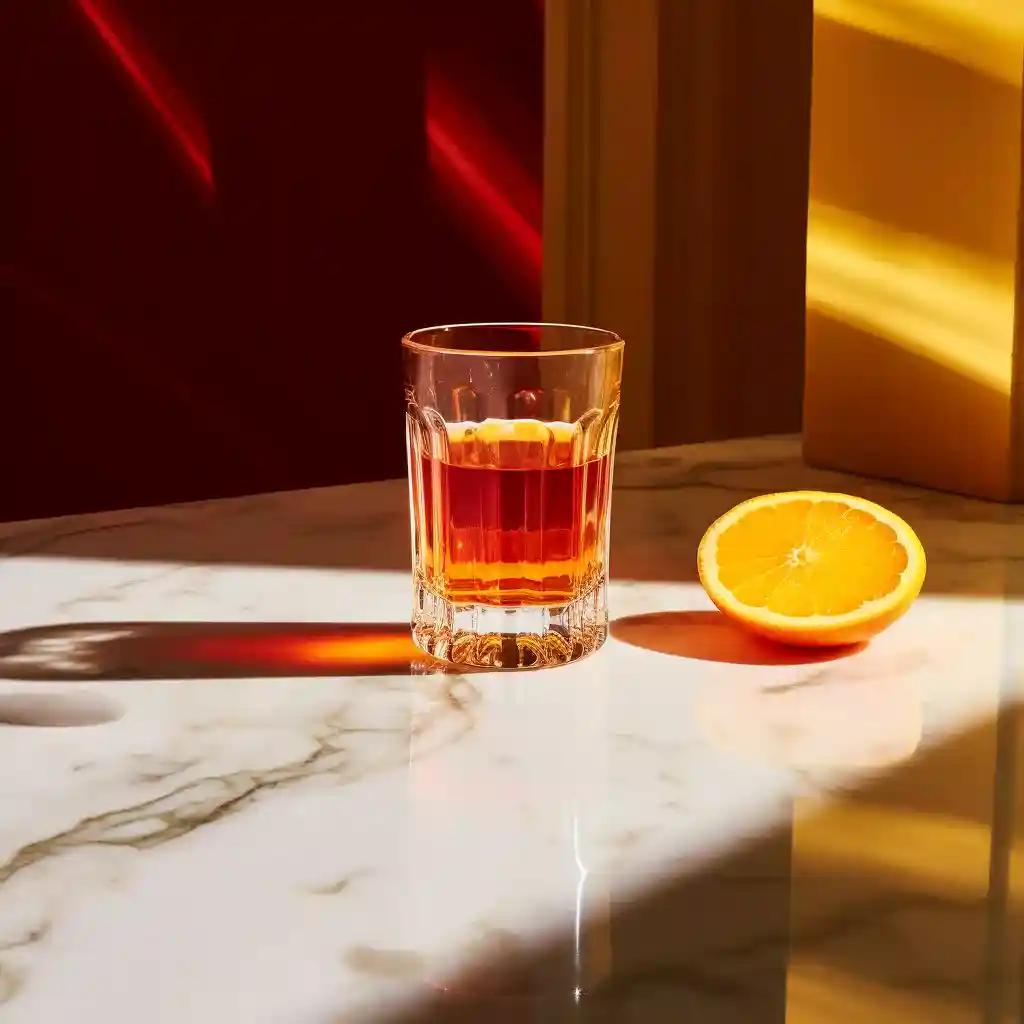 red-yellow liquid cocaine shot next to orange, on marble countertop