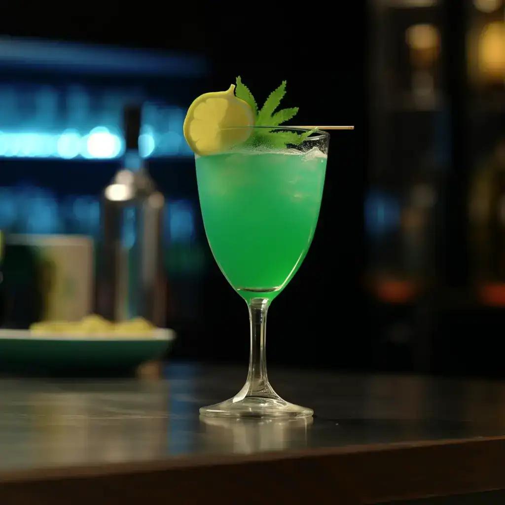 Blue-green liquid marijuana cocktail with lemon wheel and weed leaf as garnishes.