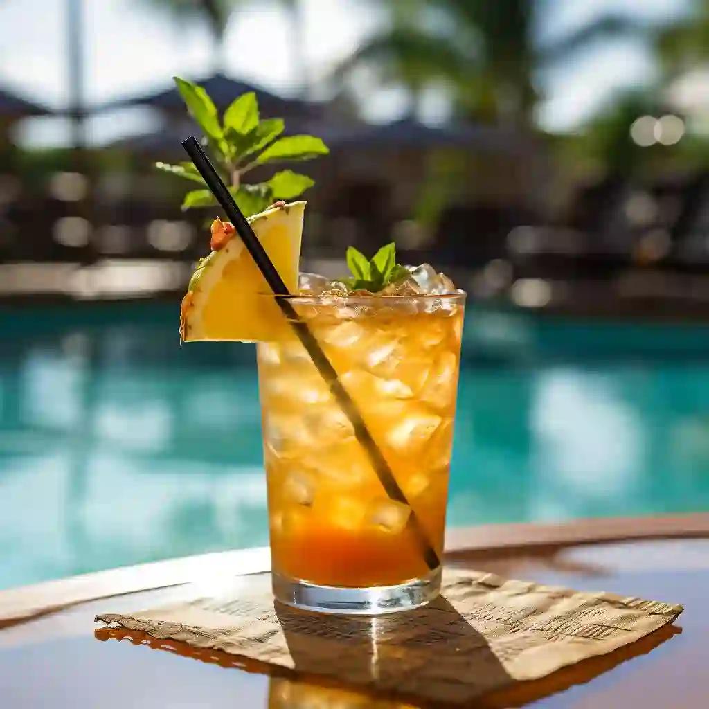 Orange Mai Tai cocktail with ice by the pool