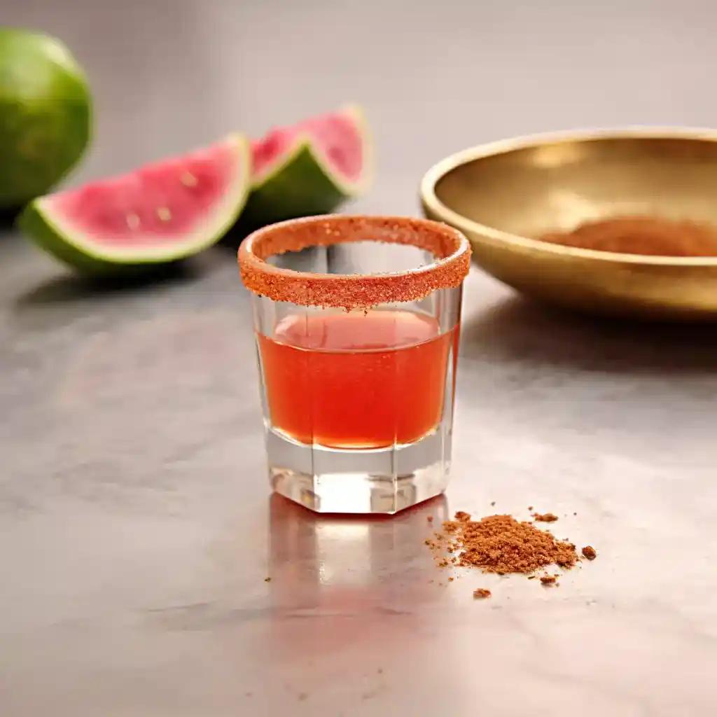 Pink-red Mexican Candy shot in a shot glass rimmed with Tajin seasoning.