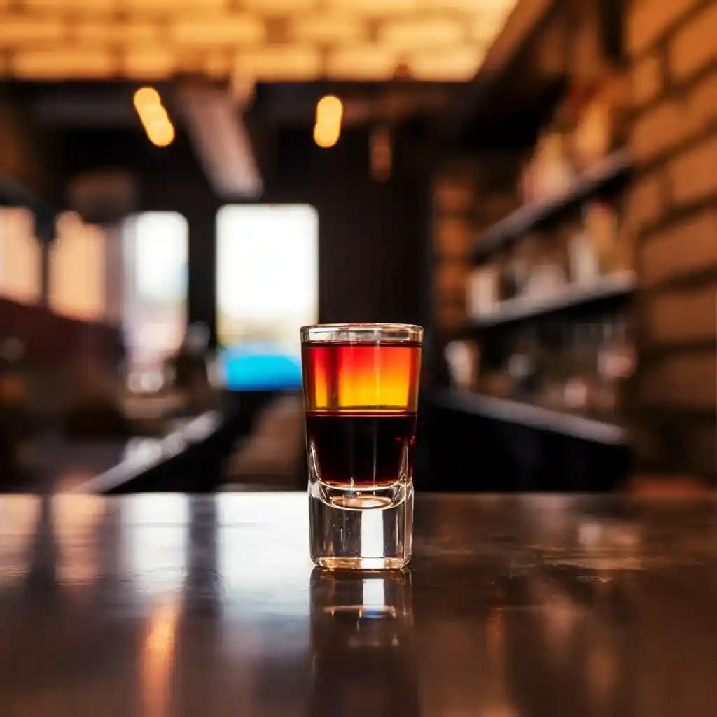 layered mind eraser shot in a shot glass, on a cocktail bar