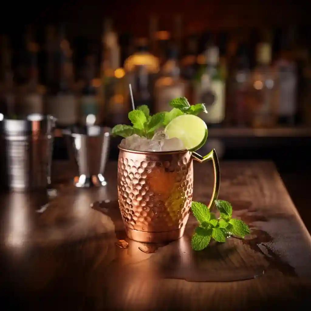 Moscow mule cocktail in a copper mug, with ice, lime, and a mint sprig garnish.