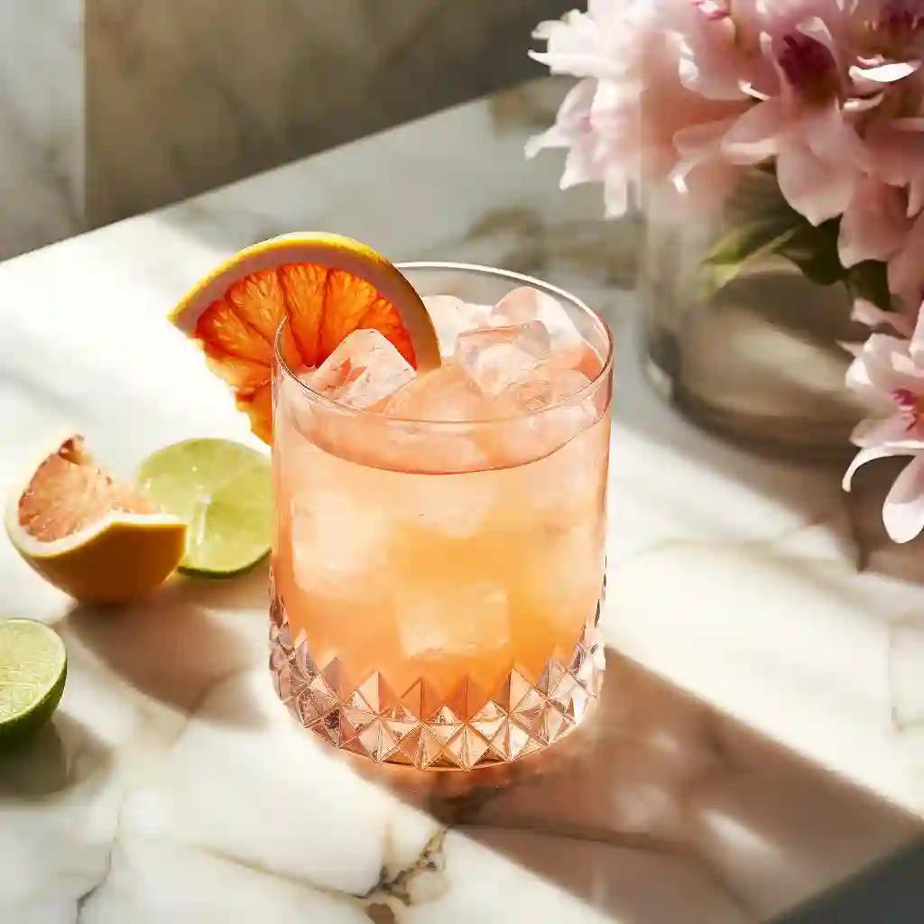 Yellow-pink Paloma cocktail in a rocks glass with ice and a grapefruit slice garnish