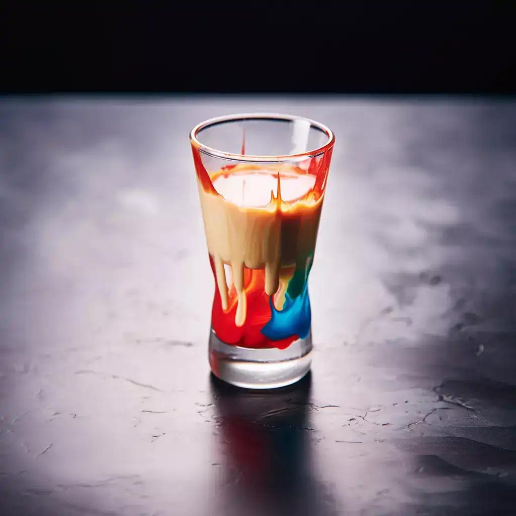 Alien brain hemorrhage shot with blue and red streaks dropping through peach schnapps