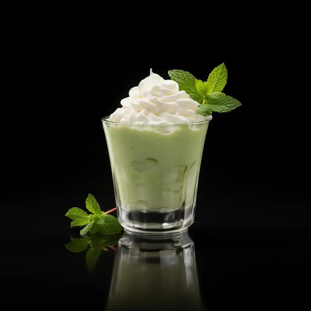 creamy, green Scooby Snack shot topped with whipped cream, in a shot glass.