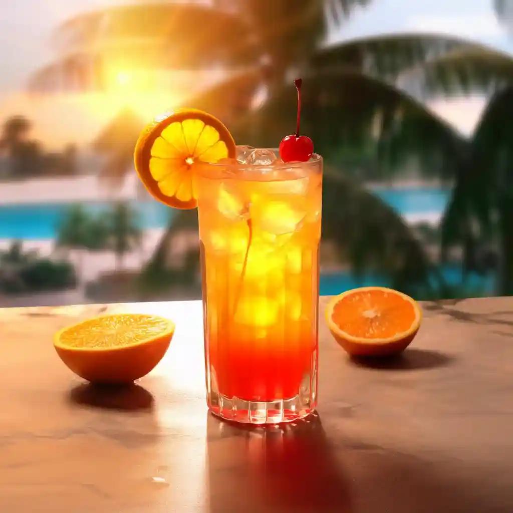 tequila sunrise cocktail with gradient in a resort with orange and cherry garnishes