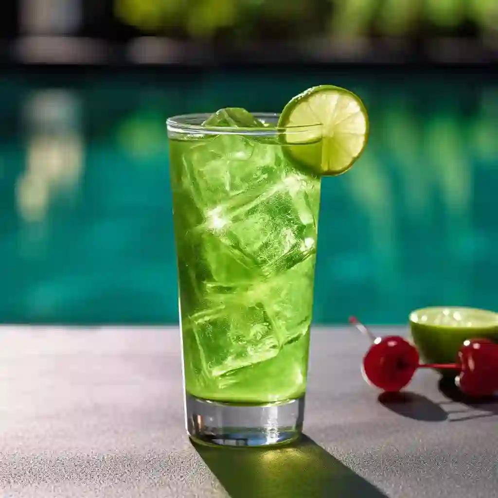 Vibrant green tokyo iced tea cocktail in a tall glass with ice, by the poolside.