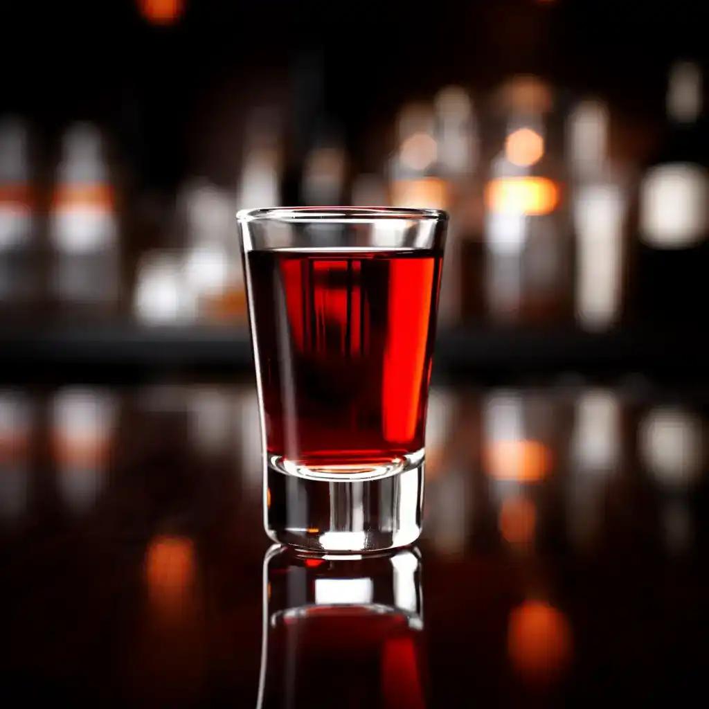 deep-red Washington apple shot in a shot glass, on a cocktail bar.