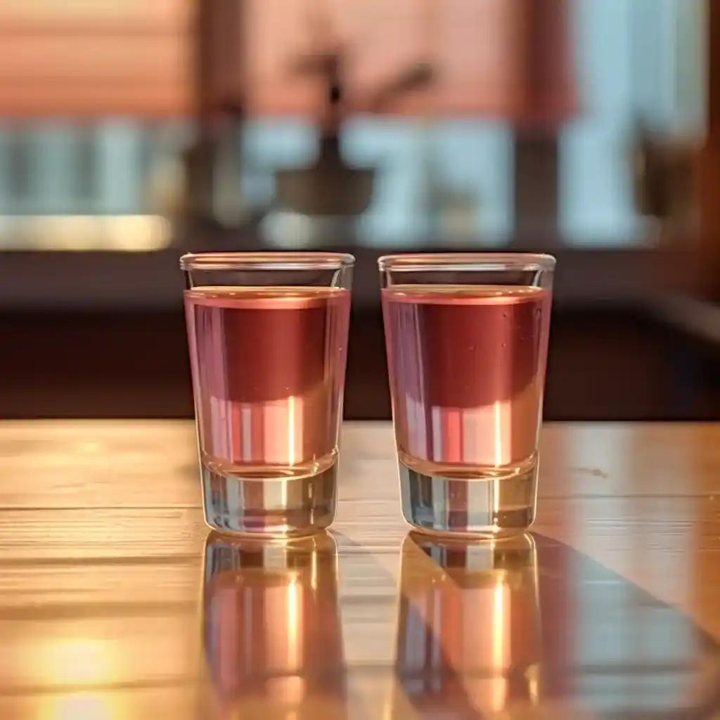Two pink wet pussy shots on a bar in soft sunlight